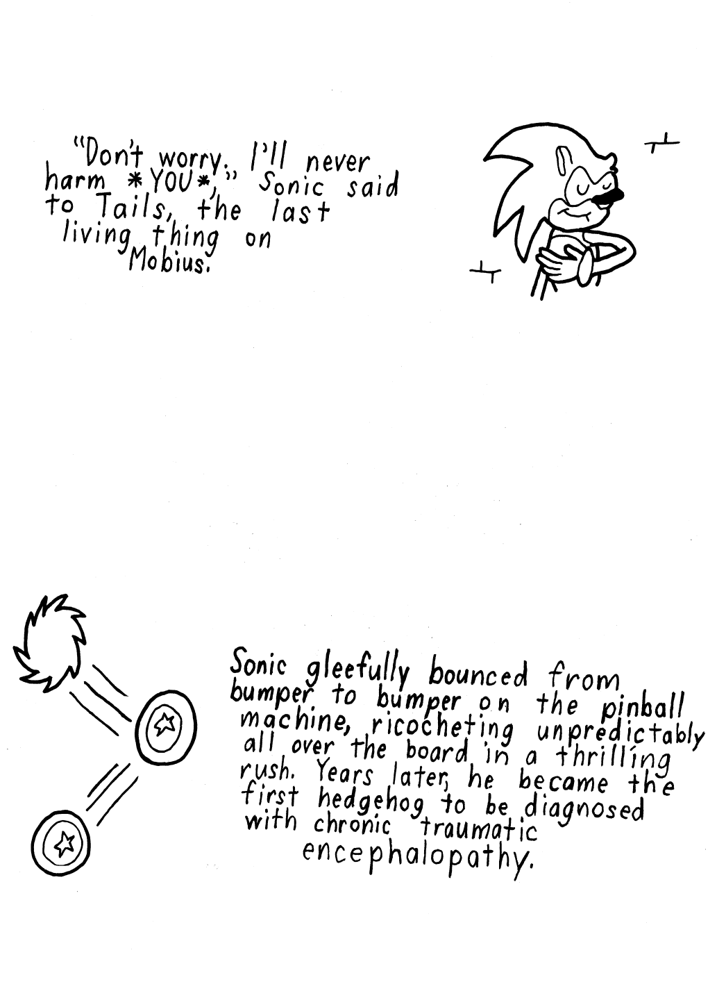 Story 5: Don't worry. I'll never harm You, Sonic said to Tails, the last living thing on Mobius. Story 6: Sonic gleefully bounced from bumper to bumper on the pinball machine, ricocheting unpredictably all over the board in a thrilling rush. Years later, he became the first hedgehog to be diagnosed with chronic traumatic encephalopathy.